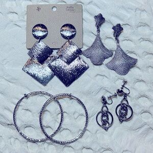 Set of 4 silver colored costume clip on earrings bundle 3 dangle and 1 hoop EUC